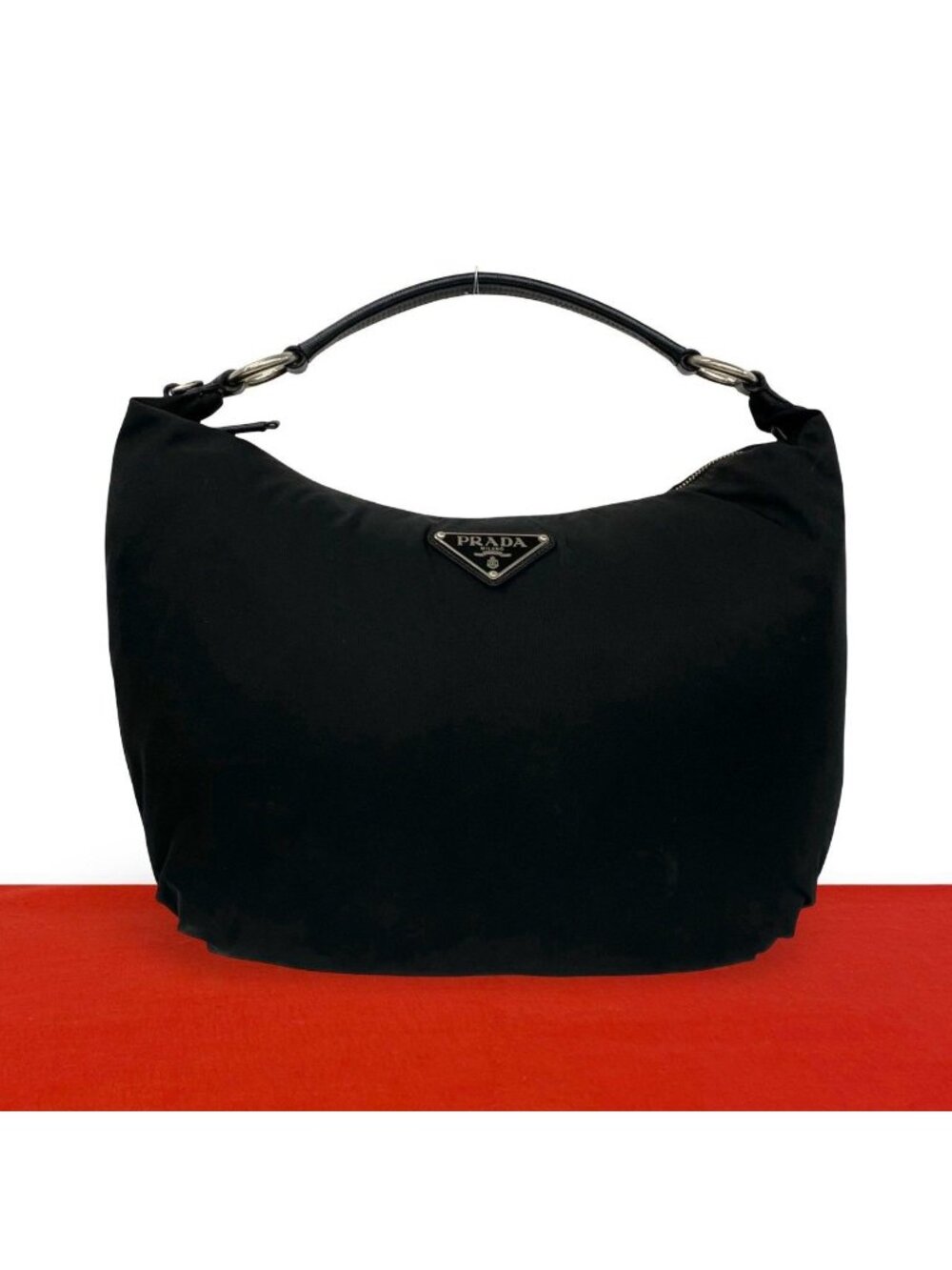 Prada Triangle Logo Tessuto Nylon Saffiano Leather Shoulder Bag Tote Black